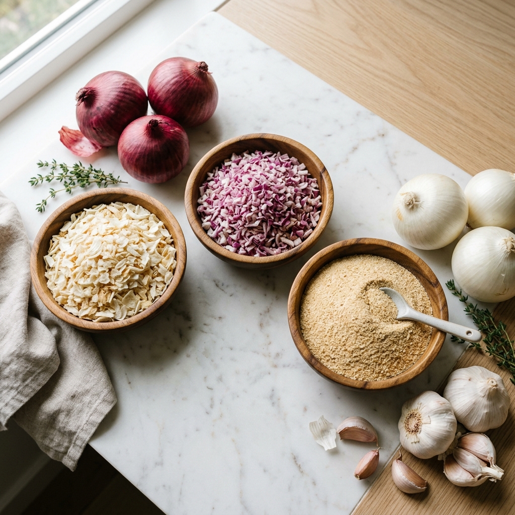 Premium dehydrated onion and garlic ingredients in elegant wooden bowls
